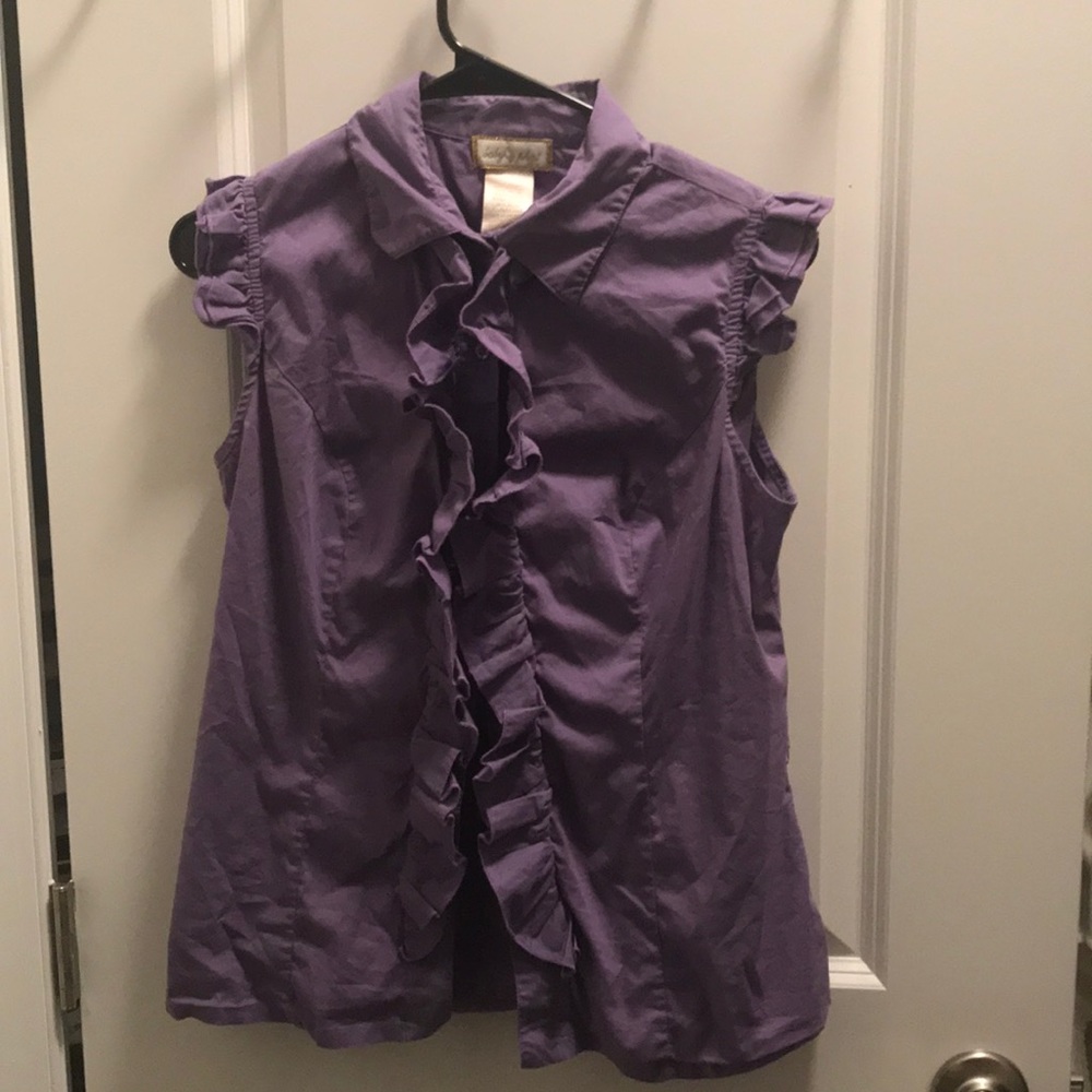 Purple front ruffle button down top